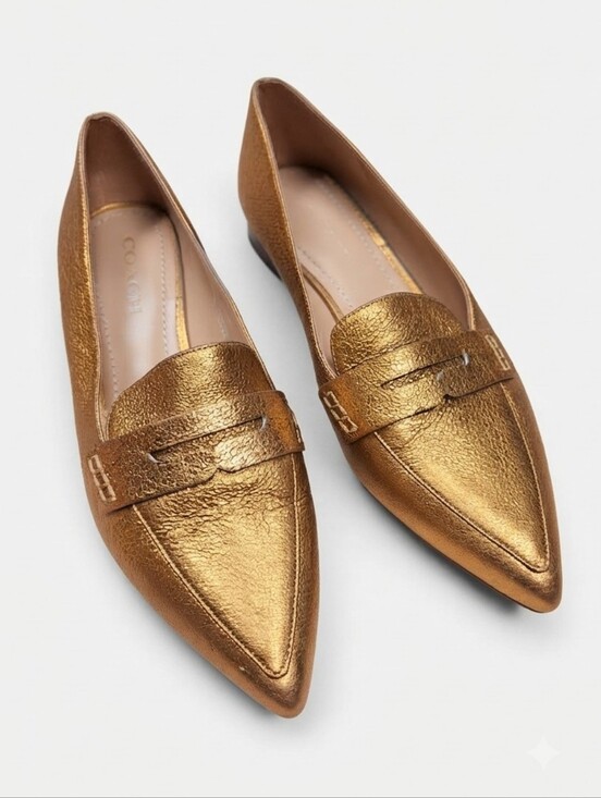 Coach Shoes - Coach Naomi Metallic Gold Copper Leather Pointed Toe Penny Loafers Size 8